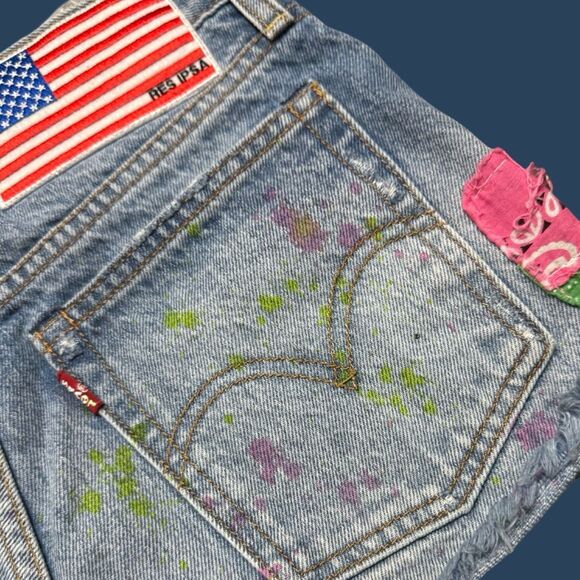 OOAK Levi Patchwork Shorts Res Ipsa Boho Cut Off Denim Shorts Size 26” #134 - Picture 8 of 9